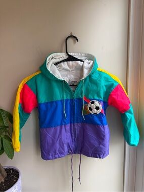 Vintage London Fog Teal, Blue, Red Colorblock Hooded Windbreaker
